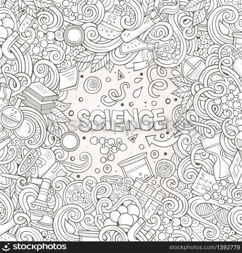 Cartoon cute doodles hand drawn Science frame design. Line art detailed, with lots of objects background. Funny vector illustration. Sketchy border with scientific theme items. Cartoon cute doodles science frame illustration