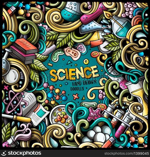 Cartoon cute doodles hand drawn Science frame design. Line art detailed, with lots of objects background. Funny vector illustration. Sketchy border with scientific theme items. Cartoon cute doodles hand drawn Science frame