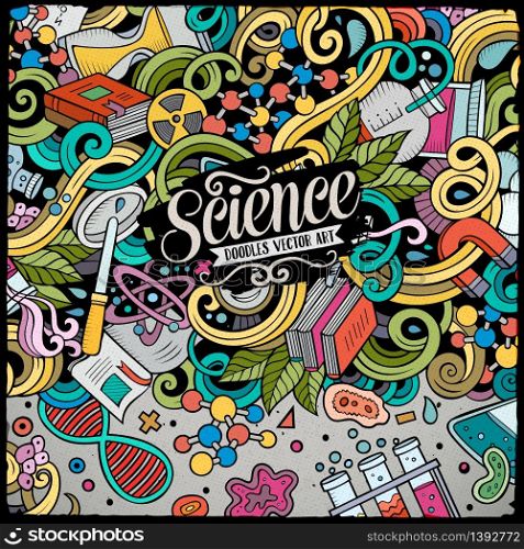Cartoon cute doodles hand drawn Science frame design. Colorful detailed, with lots of objects background. Funny vector illustration. border with scientific theme items. Cartoon cute doodles hand drawn Science frame