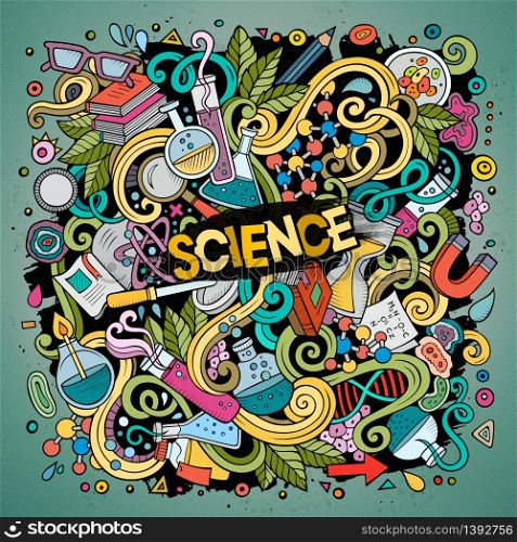 Cartoon cute doodles hand drawn Science illustration. Colorful detailed, with lots of objects background. Funny vector artwork. Cartoon cute doodles Science illustration