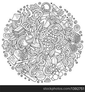 Cartoon cute doodles hand drawn Science illustration. Line art detailed, with lots of objects background. Funny vector artwork. Cartoon cute doodles Science illustration