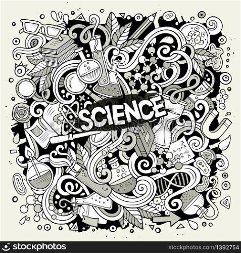 Cartoon cute doodles hand drawn Science illustration. Sketchy detailed, with lots of objects background. Funny vector artwork. Cartoon cute doodles Science illustration