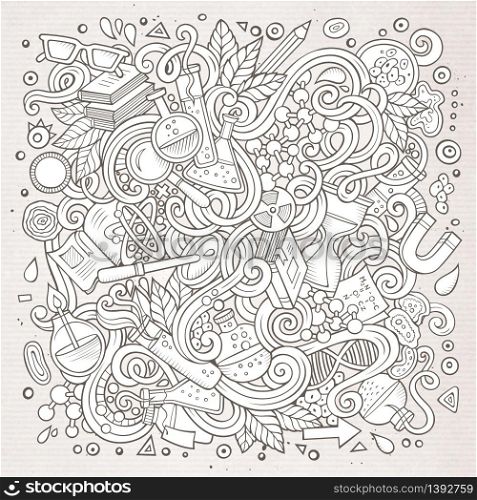 Cartoon cute doodles hand drawn Science illustration. Sketchy detailed, with lots of objects background. Funny vector artwork. Cartoon cute doodles Science illustration