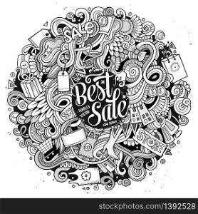 Cartoon cute doodles hand drawn Shopping illustration. Line art detailed, with lots of objects background. Funny vector artwork. Contour picture with Sale theme items.. Cartoon cute doodles hand drawn Shopping illustration