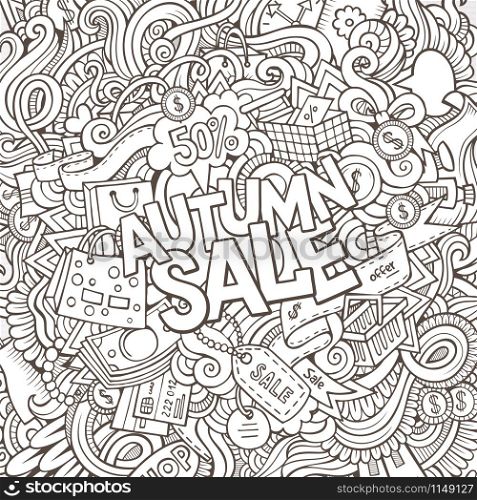 Cartoon cute doodles hand drawn shopping illustration. Sketchy picture with doodle inscription Autumn sale. Cartoon cute doodles hand drawn shopping illustration