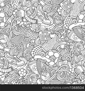 Cartoon cute doodles hand drawn Soccer seamless pattern. Line art detailed, with lots of objects background. Endless funny vector illustration. Cartoon cute doodles hand drawn Soccer seamless pattern