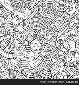 Cartoon cute doodles hand drawn Soccer seamless pattern. Line art detailed, with lots of objects background. Endless funny vector illustration. Cartoon cute doodles hand drawn Soccer seamless pattern