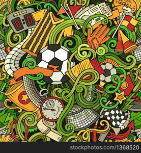 Cartoon cute doodles hand drawn Soccer seamless pattern. Colorful detailed, with lots of objects background. Endless funny vector illustration. Cartoon cute doodles hand drawn Soccer seamless pattern