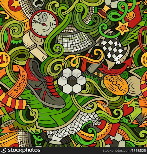 Cartoon cute doodles hand drawn Soccer seamless pattern. Colorful detailed, with lots of objects background. Endless funny vector illustration. Cartoon cute doodles hand drawn Soccer seamless pattern