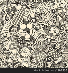 Cartoon cute doodles hand drawn Soccer seamless pattern. Monochrome detailed, with lots of objects background. Endless funny vector illustration. Cartoon cute doodles hand drawn Soccer seamless pattern