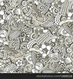 Cartoon cute doodles hand drawn Soccer seamless pattern. Monochrome detailed, with lots of objects background. Endless funny vector illustration. Cartoon cute doodles hand drawn Soccer seamless pattern