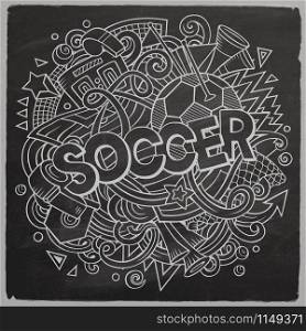 Cartoon cute doodles hand drawn Soccer word. Chalkboard illustration. Line art detailed, with lots of objects background. Funny vector artwork. Cartoon cute doodles hand drawn Soccer illustration