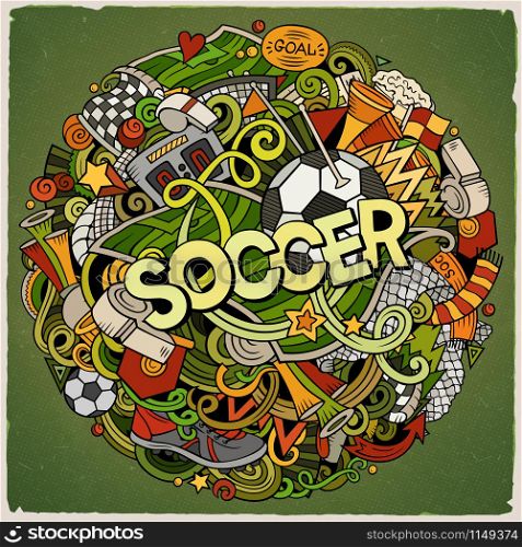 Cartoon cute doodles hand drawn Soccer word. Colorful illustration. Line art detailed, with lots of objects background. Funny vector artwork. Cartoon cute doodles hand drawn Soccer illustration