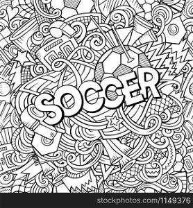 Cartoon cute doodles hand drawn Soccer word. Contour illustration. Line art detailed, with lots of objects background. Funny vector artwork. Cartoon cute doodles hand drawn Soccer illustration