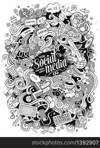 Cartoon cute doodles hand drawn social media illustration. Line art detailed, with lots of objects background. Funny vector artwork. Sketchy picture with internet theme items. Cartoon cute doodles hand drawn social media illustration.