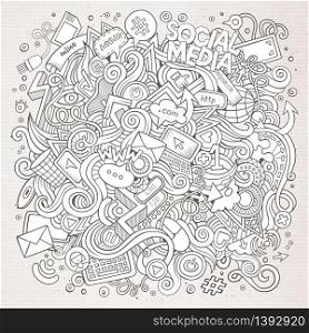 Cartoon cute doodles hand drawn social media illustration. Line art detailed, with lots of objects background. Funny vector artwork. Sketchy picture with internet theme items. Cartoon cute doodles hand drawn social media illustration.