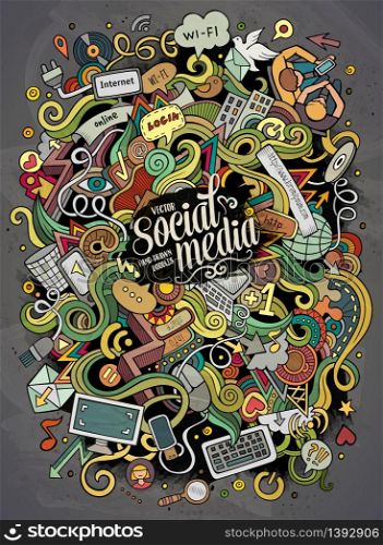 Cartoon cute doodles hand drawn social media illustration. Colorful detailed, with lots of objects background. Funny vector artwork. Bright colors picture with internet theme items. Square composition.. Cartoon cute doodles hand drawn social media illustration.
