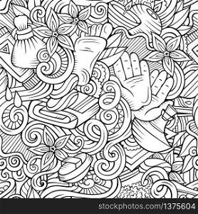 Cartoon cute doodles hand drawn Spa, Massage seamless pattern. Sketchy detailed, with lots of objects background. Endless funny vector illustration. Cartoon cute doodles Spa, Massage seamless pattern