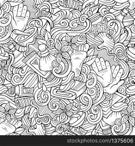 Cartoon cute doodles hand drawn Spa, Massage seamless pattern. Sketchy detailed, with lots of objects background. Endless funny vector illustration. Cartoon cute doodles Spa, Massage seamless pattern