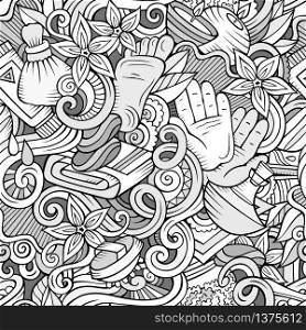 Cartoon cute doodles hand drawn Spa, Massage seamless pattern. Line art detailed, with lots of objects background. Endless funny vector illustration. Cartoon cute doodles Spa, Massage seamless pattern