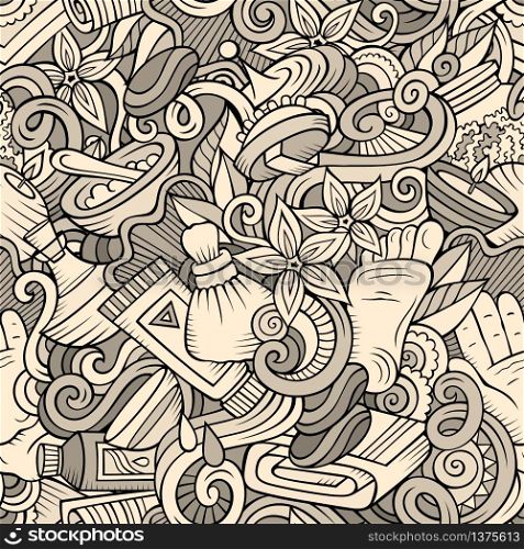 Cartoon cute doodles hand drawn Spa, Massage seamless pattern. Line art detailed, with lots of objects background. Endless funny vector illustration. Cartoon cute doodles Spa, Massage seamless pattern