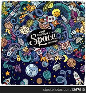 Cartoon cute doodles hand drawn space illustration. Colorful detailed, with lots of objects background. Funny vector artwork. Picture with cosmic theme items. Square composition. Cartoon cute doodles hand drawn space illustration