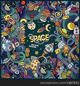 Cartoon cute doodles hand drawn space illustration. Colorful detailed, with lots of objects background. Funny vector artwork. Picture with cosmic theme items. Square composition. Cartoon cute doodles hand drawn space illustration