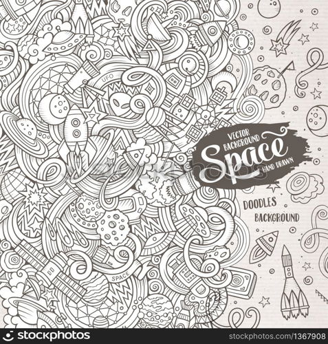 Cartoon cute doodles hand drawn space illustration. Line art detailed, with lots of objects background. Funny vector artwork. Sketch picture with cosmic theme items. Square composition. Cartoon cute doodles hand drawn space illustration