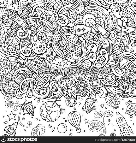 Cartoon cute doodles hand drawn space illustration. Line art detailed, with lots of objects background. Funny vector artwork. Sketch picture with cosmic theme items. Square composition. Cartoon cute doodles hand drawn space illustration