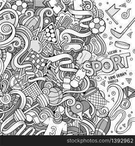 Cartoon cute doodles hand drawn Sport frame design. Line art detailed, with lots of objects background. Funny vector illustration. Vintage border with sports equipment items. Cartoon cute doodles Sport frame