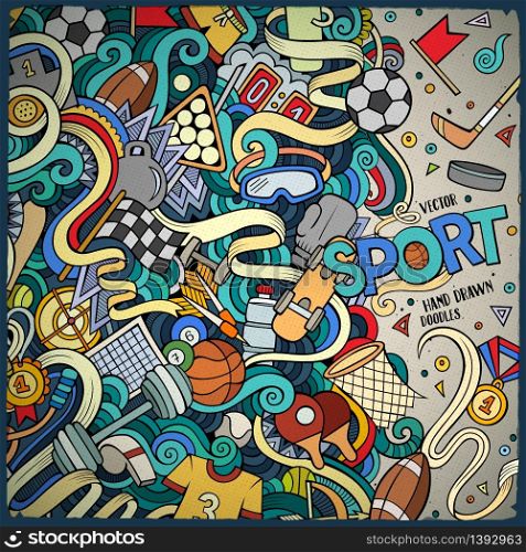 Cartoon cute doodles hand drawn Sport frame design. Colorful detailed, with lots of objects background. Funny vector illustration. Bright colors border with sports equipment items. Cartoon cute doodles Sport frame