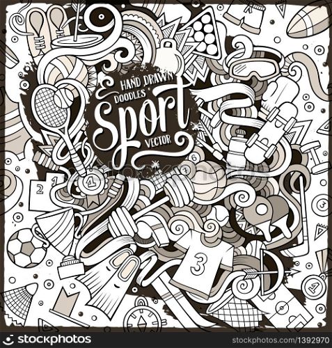 Cartoon cute doodles hand drawn Sport illustration. Line art detailed, with lots of objects background. Funny vector artwork.. Cartoon cute doodles hand drawn Sport illustration