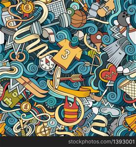 Cartoon cute doodles hand drawn Sport seamless pattern. Colorful detailed, with lots of objects background. Endless funny vector illustration. Bright colors backdrop. Cartoon cute doodles hand drawn Sport seamless pattern
