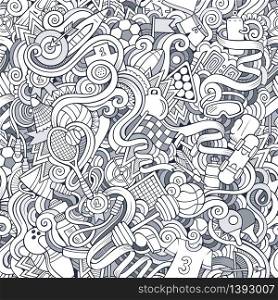 Cartoon cute doodles hand drawn Sport seamless pattern. Sketchy detailed, with lots of objects background. Endless funny vector illustration. Line art backdrop. Cartoon cute doodles hand drawn Sport seamless pattern