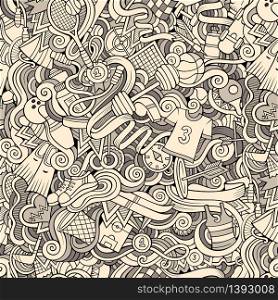 Cartoon cute doodles hand drawn Sport seamless pattern. Sketchy detailed, with lots of objects background. Endless funny vector illustration. Line art backdrop. Cartoon cute doodles hand drawn Sport seamless pattern