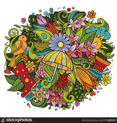 Cartoon cute doodles hand drawn Spring illustration. Colorful detailed composition. Lots of objects. Funny vector artwork. Cartoon cute doodles hand drawn Spring illustration