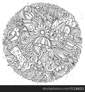 Cartoon cute doodles hand drawn Spring illustration. Line art detailed composition. Lots of objects. Funny vector artwork. Cartoon cute doodles hand drawn Spring illustration