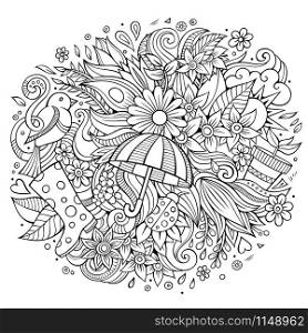 Cartoon cute doodles hand drawn Spring illustration. Line art detailed composition. Lots of objects. Funny vector artwork. Cartoon cute doodles hand drawn Spring illustration