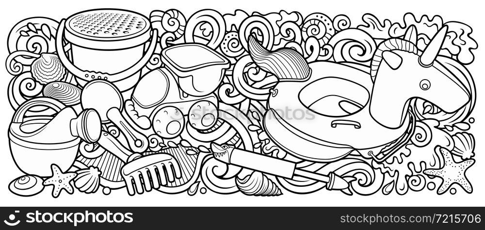 Cartoon cute doodles hand drawn summer beach children&rsquo;s entertainment illustration. Many toys objects vector background. Funny outdoor games sketchy artwork.. Cartoon cute doodles hand drawn summer beach children&rsquo;s entertainment illustration.