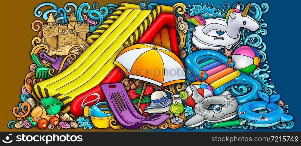 Cartoon cute doodles hand drawn summer beach children&rsquo;s entertainment illustration. Many toys objects vector background. Funny outdoor games artwork.. Cartoon cute doodles hand drawn summer beach children&rsquo;s entertainment illustration.