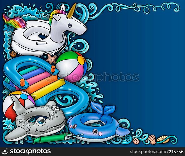 Cartoon cute doodles hand drawn summer beach children&rsquo;s entertainment illustration. Many toys objects vector background. Funny outdoor games artwork.. Cartoon cute doodles hand drawn summer beach children&rsquo;s entertainment illustration.