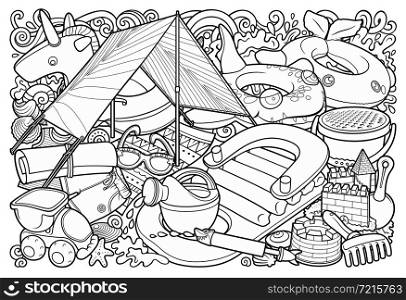 Cartoon cute doodles hand drawn summer beach children&rsquo;s entertainment illustration. Many toys objects vector background. Funny outdoor games artwork.. Cartoon cute doodles hand drawn summer beach children&rsquo;s entertainment illustration.