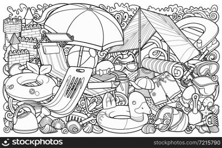 Cartoon cute doodles hand drawn summer beach children&rsquo;s entertainment illustration. Many toys objects vector background. Funny outdoor games line art artwork.. Cartoon cute doodles hand drawn summer beach children&rsquo;s entertainment illustration.