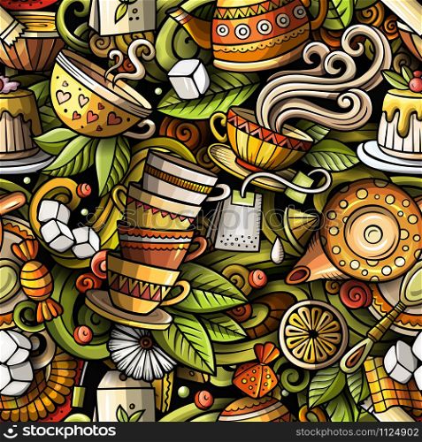 Cartoon cute doodles hand drawn Tea House seamless pattern. Colorful detailed, with lots of objects background. Endless funny vector illustration. All objects separate.. Cartoon cute doodles hand drawn Tea House seamless pattern