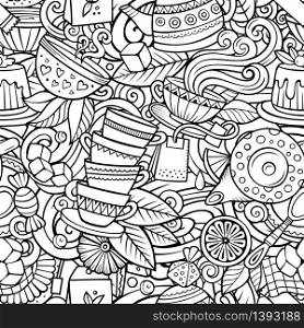 Cartoon cute doodles hand drawn Tea House seamless pattern. Line art detailed, with lots of objects background. Endless funny vector illustration. All objects separate.. Cartoon cute doodles hand drawn Tea House seamless pattern.