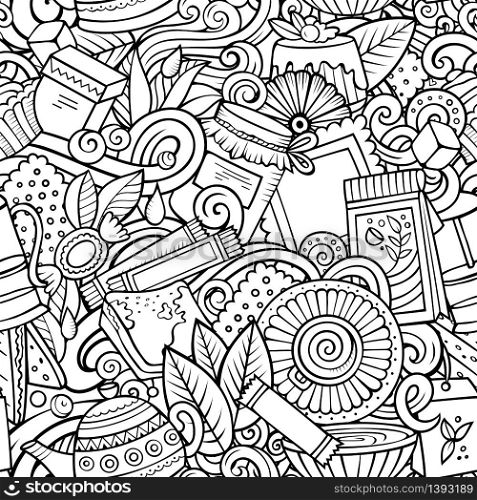 Cartoon cute doodles hand drawn Tea House seamless pattern. Line art detailed, with lots of objects background. Endless funny vector illustration. All objects separate.. Cartoon cute doodles hand drawn Tea House seamless pattern.