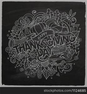 Cartoon cute doodles hand drawn Thanksgiving inscription. Chalkboard illustration with holiday theme items. Line art detailed, with lots of objects background. Funny vector artwork. Cartoon cute doodles hand drawn Thanksgiving inscription