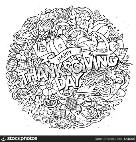 Cartoon cute doodles hand drawn Thanksgiving inscription. Sketchy illustration with holiday theme items. Line art detailed, with lots of objects background. Funny vector artwork. Cartoon cute doodles hand drawn Thanksgiving inscription