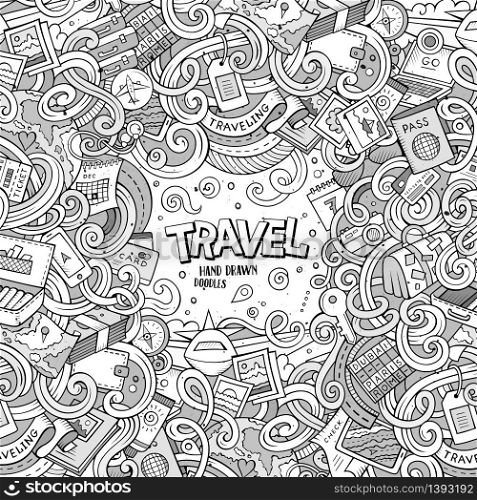 Cartoon cute doodles hand drawn Travel frame design. Line art detailed, with lots of objects background. Funny vector illustration. Sketchy border with traveling theme items. Cartoon cute doodles Travel frame design