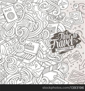 Cartoon cute doodles hand drawn Travel frame design. Line art detailed, with lots of objects background. Funny vector illustration. Sketchy border with traveling theme items. Cartoon cute doodles Travel frame design